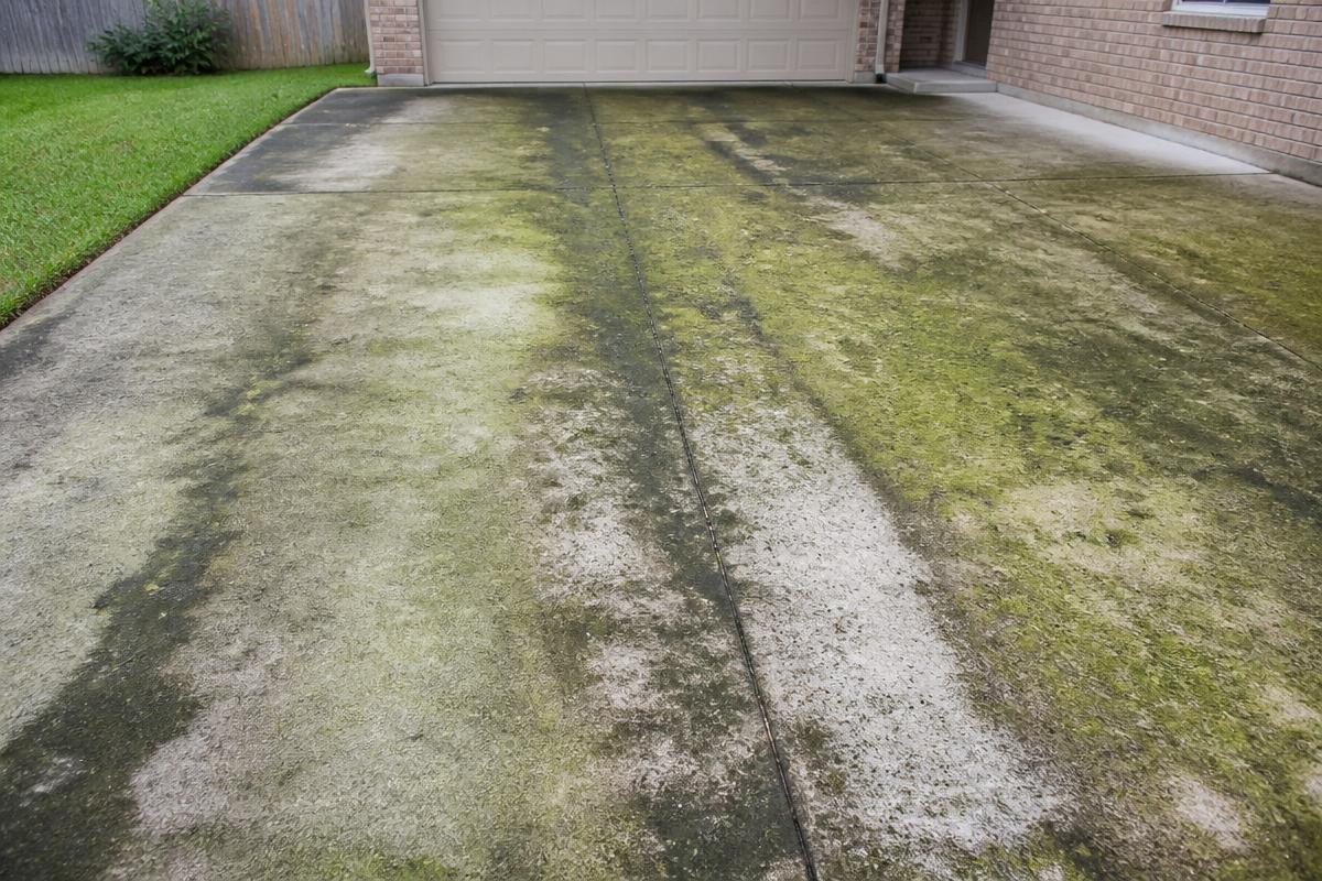 Concrete driveway covered in moss and grime before pressure washing